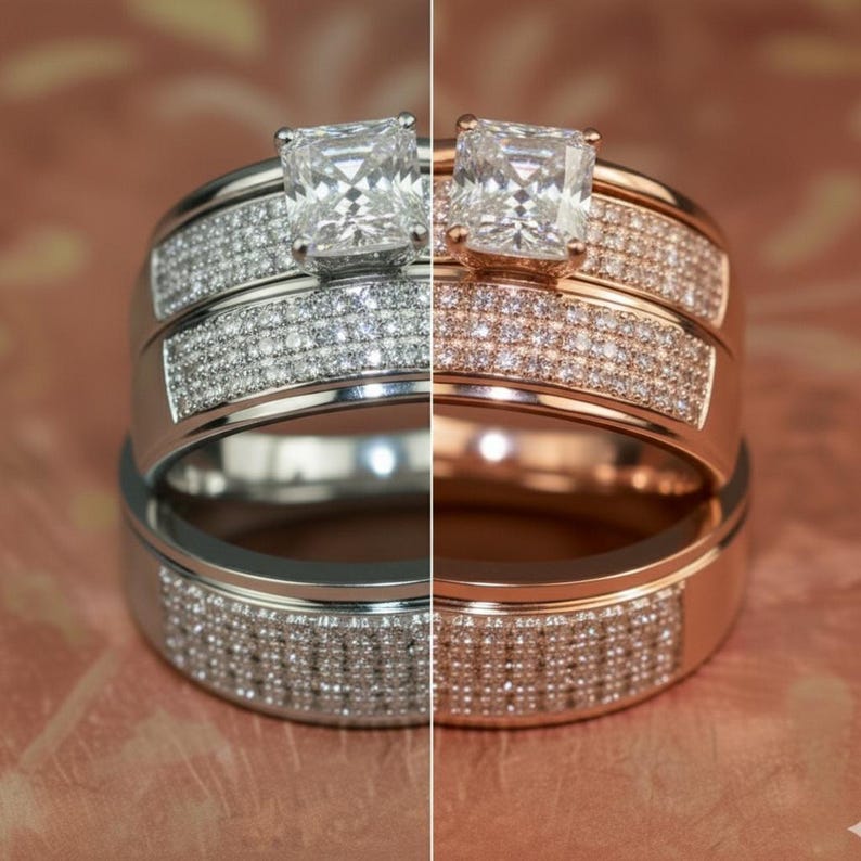 Bridal Trio Ring Set — Princess Cut Simulated Diamond, Yellow Gold Finish, 925 Sterling Silver (3-Piece) - view 3