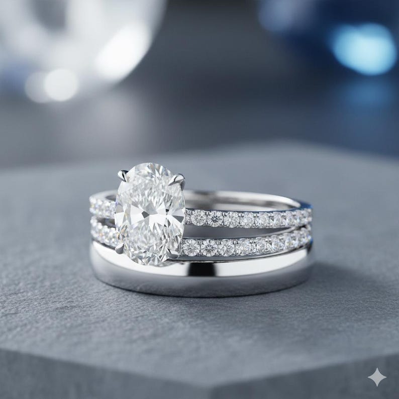 Unique Oval Diamond Bridal Set | 14K Gold Plated Patriotic Hidden Halo Ring | Double Pavé Engagement Wedding Band For Women | Ladies Gift