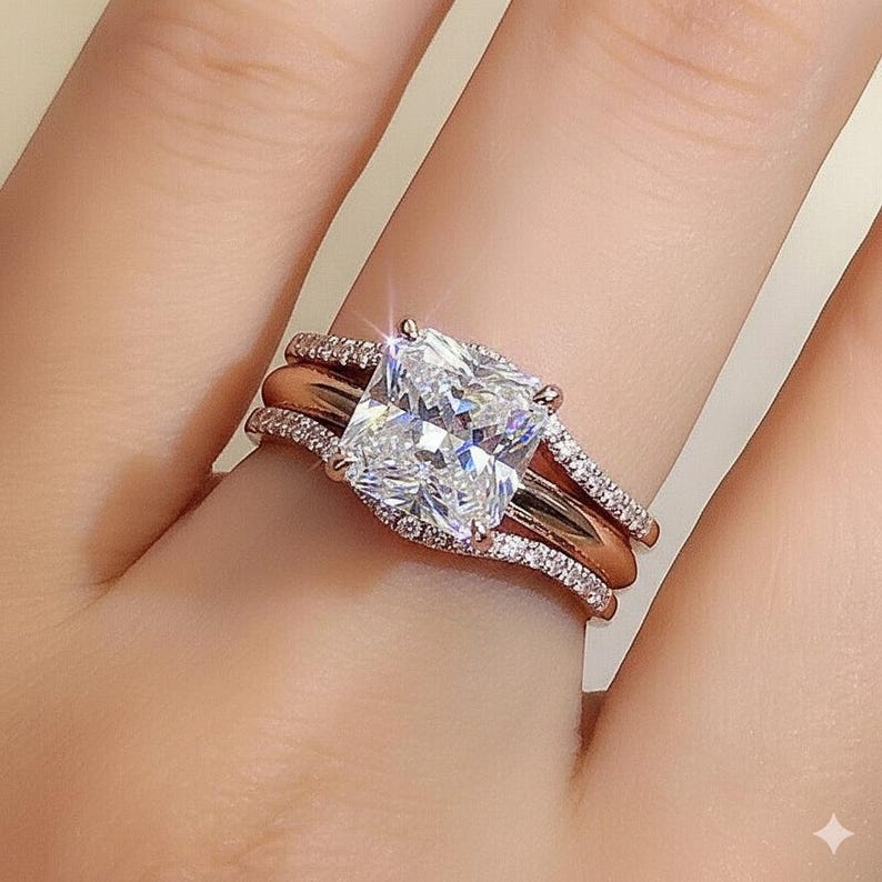 Bridal Ring Set — Art Deco Princess Cut Moissanite, Rose Gold Finish, 925 Sterling Silver (2-Piece)