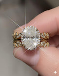 Oval Moissanite Ring Set with Leaf Filigree Wedding Band, Half Eternity Nature Ring Guard, 14K Yellow Gold Fn Vintage-Inspired Bridal Set