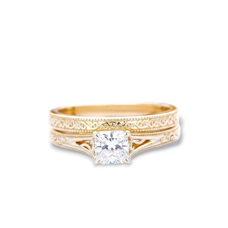 Bridal Ring Set — Princess Moissanite Filigree, Yellow Gold Finish, 925 Sterling Silver (2-Piece)
