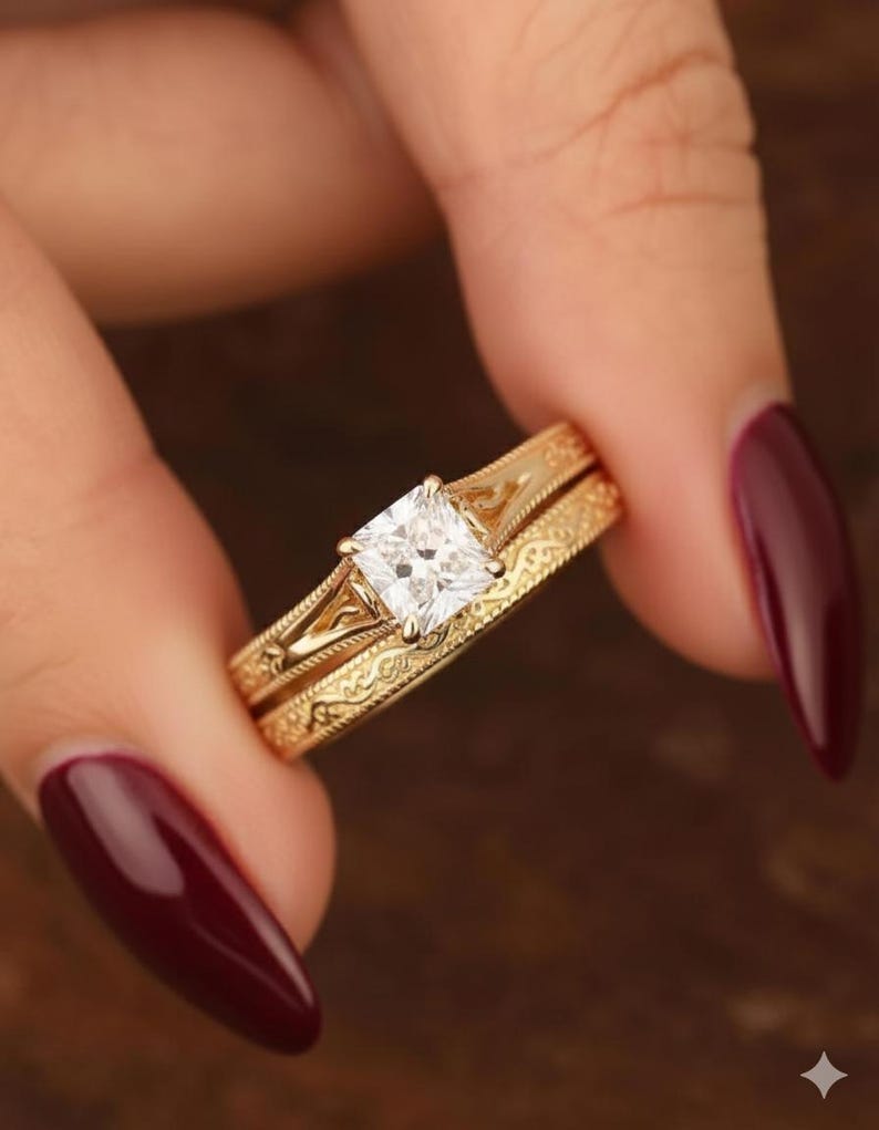 Bridal Ring Set — Princess Moissanite Filigree, Yellow Gold Finish, 925 Sterling Silver (2-Piece)