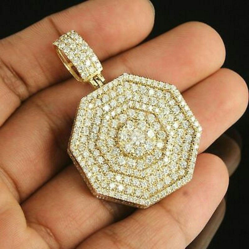 Hip Hop Pendant — Octagon Pendant, Yellow Gold Finish, 925 Sterling Silver