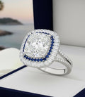 Cushion Cut Halo Engagement Ring For Women, Split Shank Diamond & Blue Sapphire ascent, White Gold Fn Bridal Ring