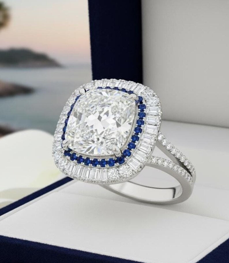 Cushion Cut Halo Engagement Ring For Women, Split Shank Diamond & Blue Sapphire ascent, White Gold Fn Bridal Ring