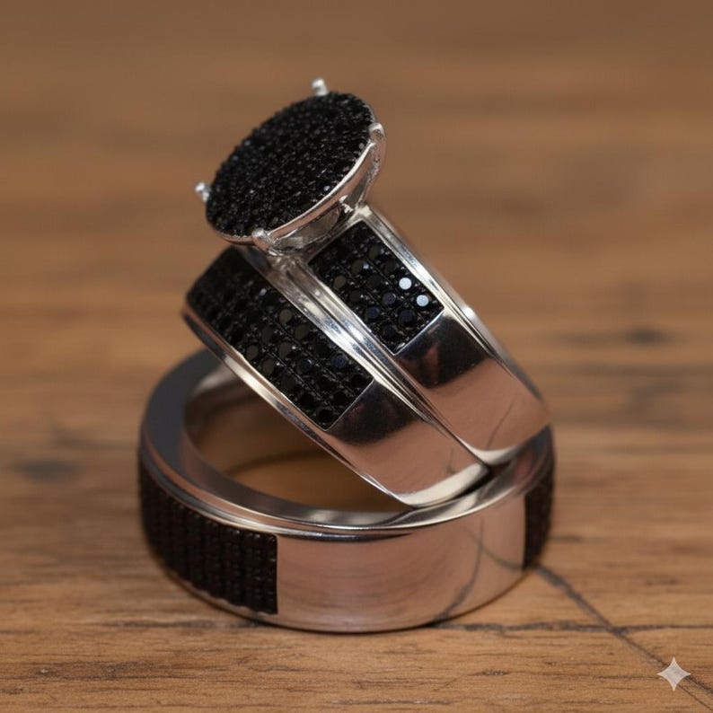 Bridal Trio Ring Set — Black CZ Round Cut, White Gold Finish - view 3