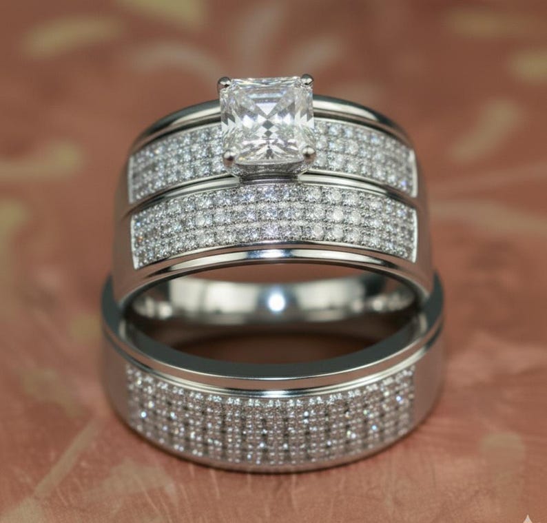Bridal Trio Ring Set — Princess Cut Simulated Diamond, Yellow Gold Finish, 925 Sterling Silver (3-Piece) - view 2