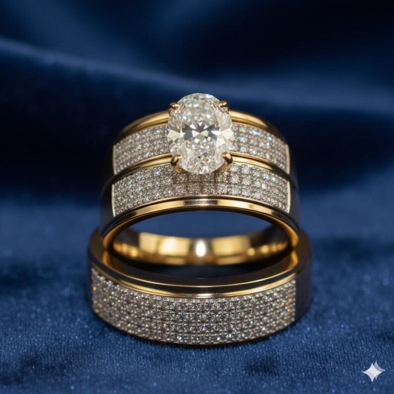 Bridal Trio Ring Set — Oval Cut Diamond, Yellow Gold Finish - view 3