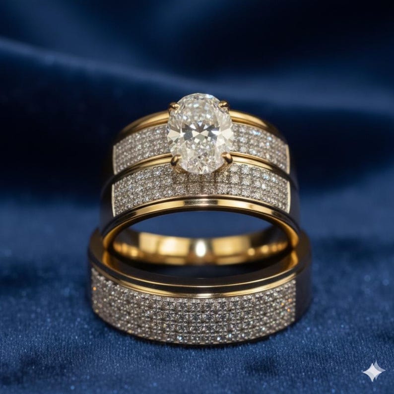 Bridal Trio Ring Set — Oval Cut Diamond, Yellow Gold Finish - view 4
