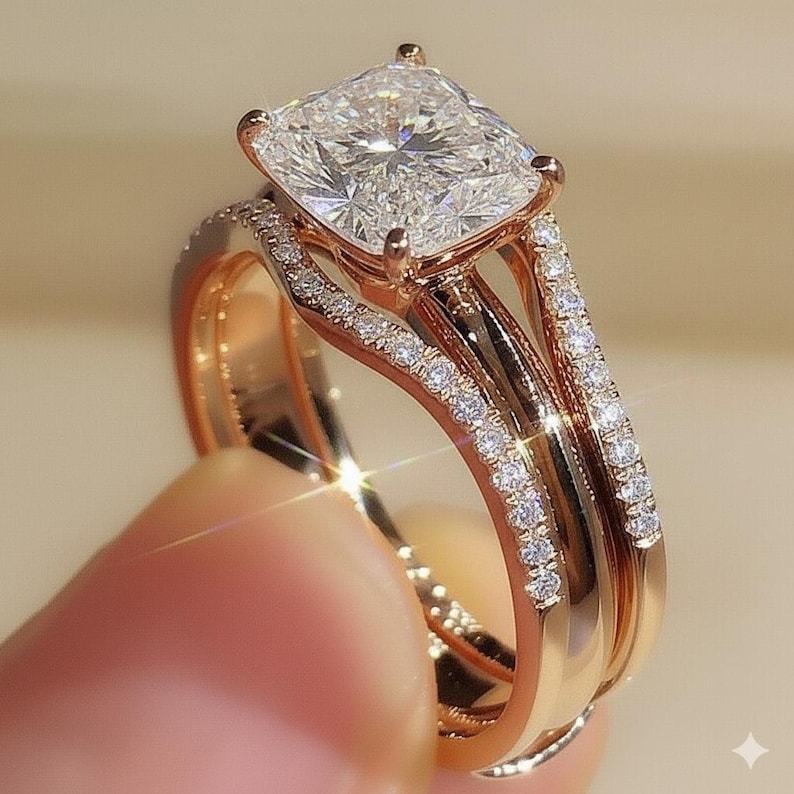 Bridal Ring Set — Art Deco Princess Cut Moissanite, Rose Gold Finish, 925 Sterling Silver (2-Piece)