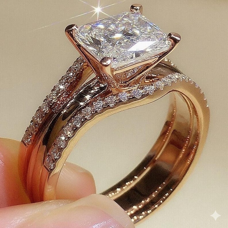 Bridal Ring Set — Art Deco Princess Cut Moissanite, Rose Gold Finish, 925 Sterling Silver (2-Piece)