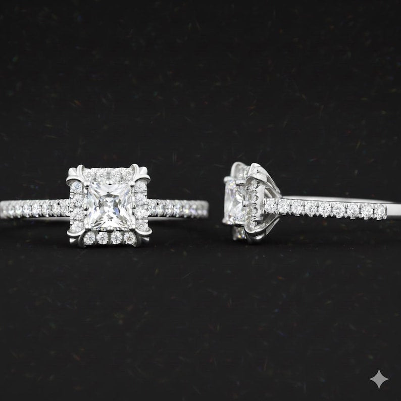 Bridal Ring Set — Round Halo Moissanite