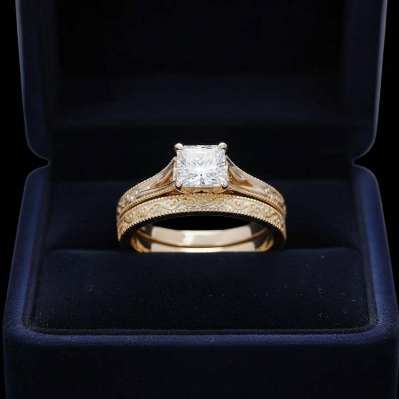 Bridal Ring Set — Princess Moissanite Filigree, Yellow Gold Finish, 925 Sterling Silver (2-Piece)