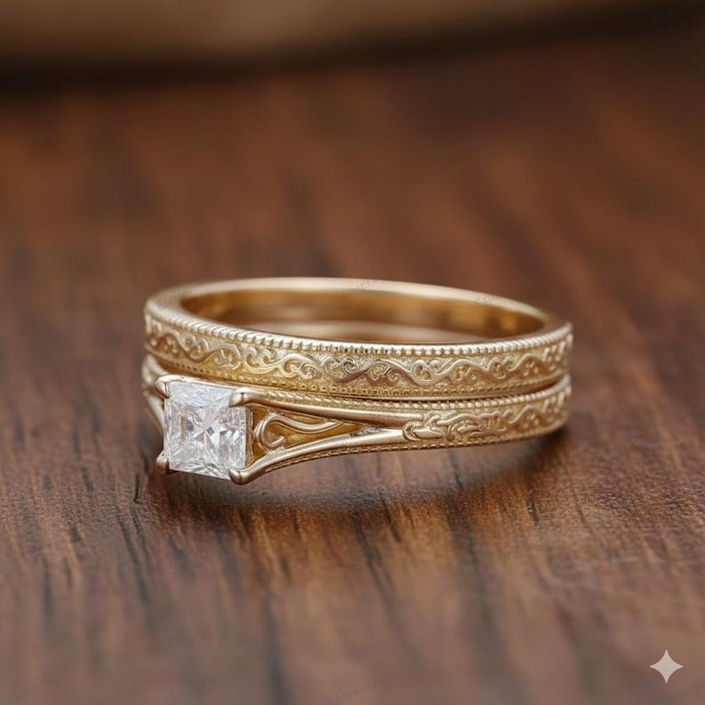 Bridal Ring Set — Princess Moissanite Filigree, Yellow Gold Finish, 925 Sterling Silver (2-Piece)