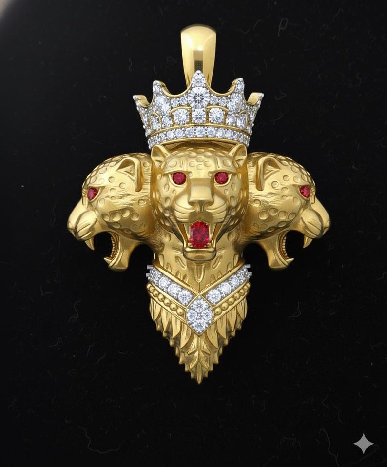 Hip Hop Pendant — Crowned Three-Head Leopard, Rose Gold Finish, 925 Sterling Silver