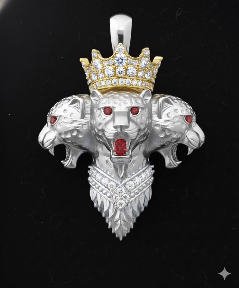 Hip Hop Pendant — Crowned Three-Head Leopard, Rose Gold Finish, 925 Sterling Silver