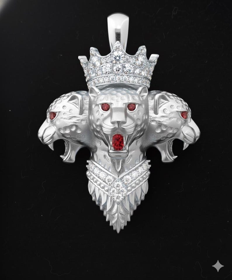 Hip Hop Pendant — Crowned Three-Head Leopard, Rose Gold Finish, 925 Sterling Silver