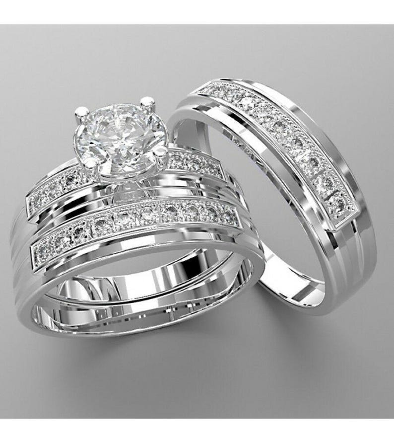 Bridal Trio Ring Set — CZ Diamond, White Gold Finish, 925 Sterling Silver (3-Piece) - view 1