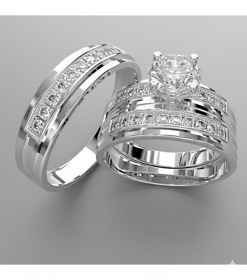 Bridal Trio Ring Set — CZ Diamond, White Gold Finish, 925 Sterling Silver (3-Piece) - view 2