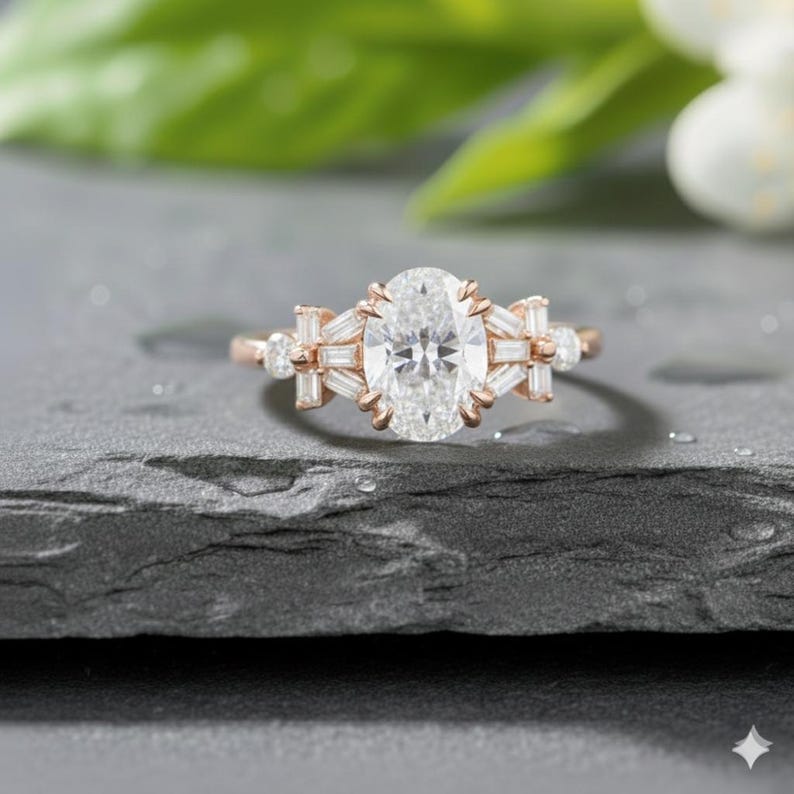 Bridal Ring Set — Oval Flower Cluster Moissanite