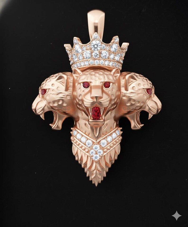 Hip Hop Pendant — Crowned Three-Head Leopard, Rose Gold Finish, 925 Sterling Silver