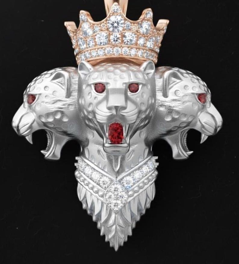 Hip Hop Pendant — Crowned Three-Head Leopard, Rose Gold Finish, 925 Sterling Silver