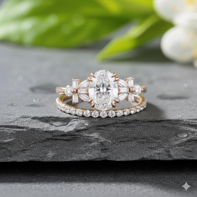 Bridal Ring Set — Oval Flower Cluster Moissanite