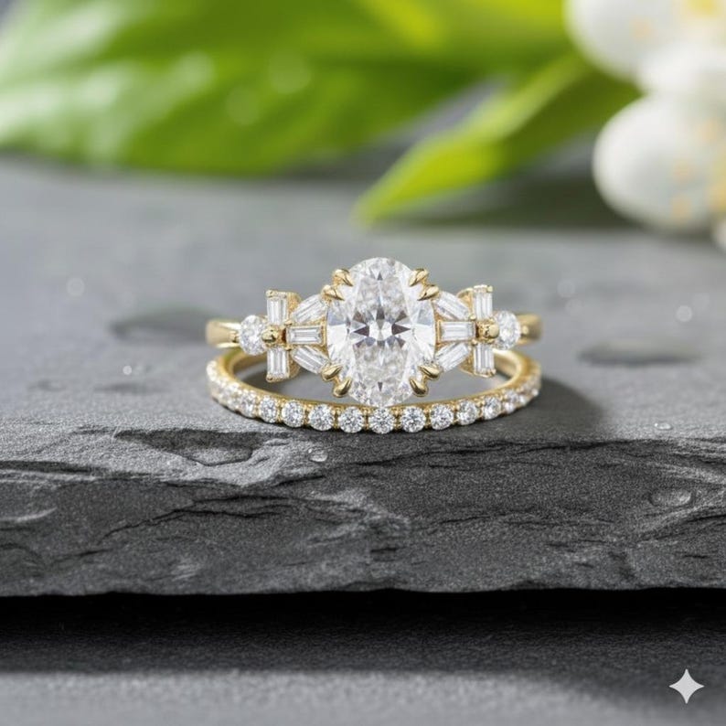 Bridal Ring Set — Oval Flower Cluster Moissanite