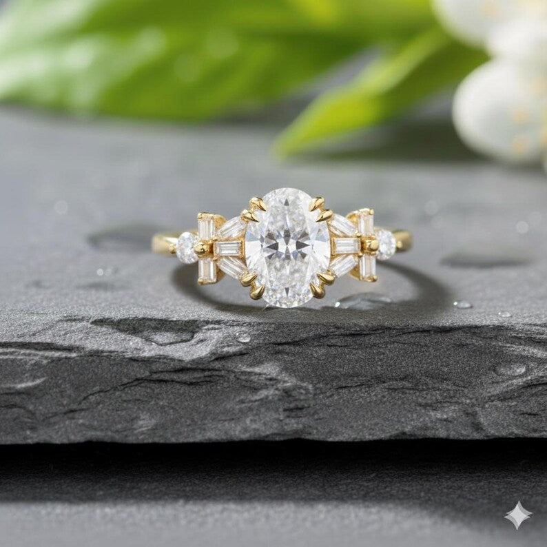 Bridal Ring Set — Oval Flower Cluster Moissanite