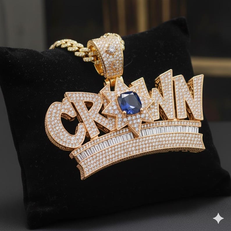 Hip Hop Pendant — 3D Crown Medallion, Yellow Gold Finish, 925 Sterling Silver