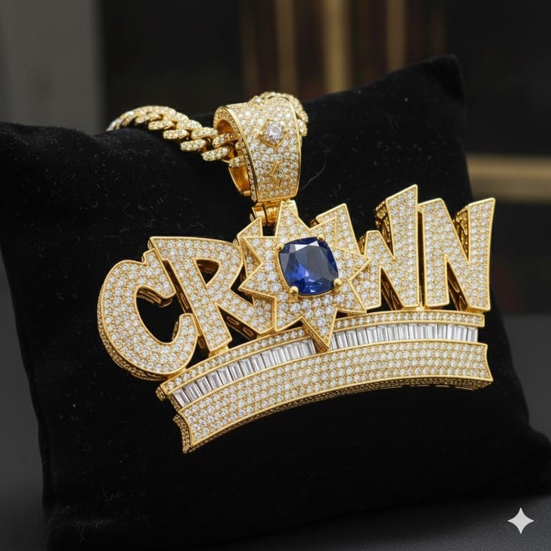 Hip Hop Pendant — 3D Crown Medallion, Yellow Gold Finish, 925 Sterling Silver