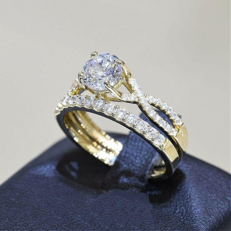 Bridal Ring Set — Round Cut Art Deco Moissanite, Yellow Gold Finish, 925 Sterling Silver (2-Piece)