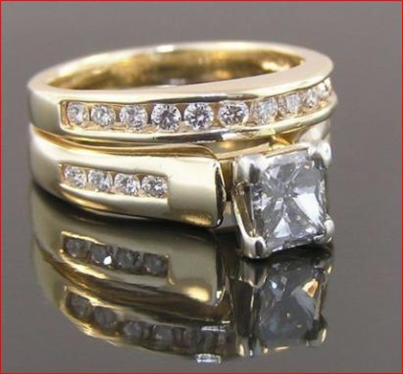 Bridal Ring Set — Princess Cut Art Deco Moissanite, Yellow Gold Finish, 925 Sterling Silver (2-Piece)