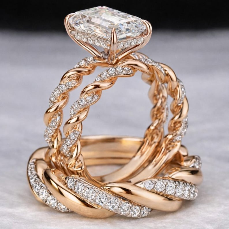 Bridal Trio Ring Set - Emerald Cut Diamond, Rose Gold Finish - view 1