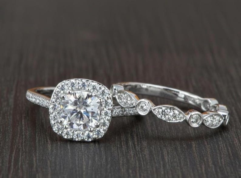 Moissanite Cushion Cut Sterling Silver Engagement Ring Set, Bridal Jewelry