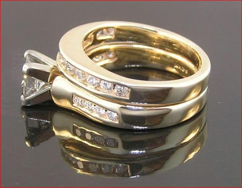 Bridal Ring Set — Princess Cut Art Deco Moissanite, Yellow Gold Finish, 925 Sterling Silver (2-Piece)