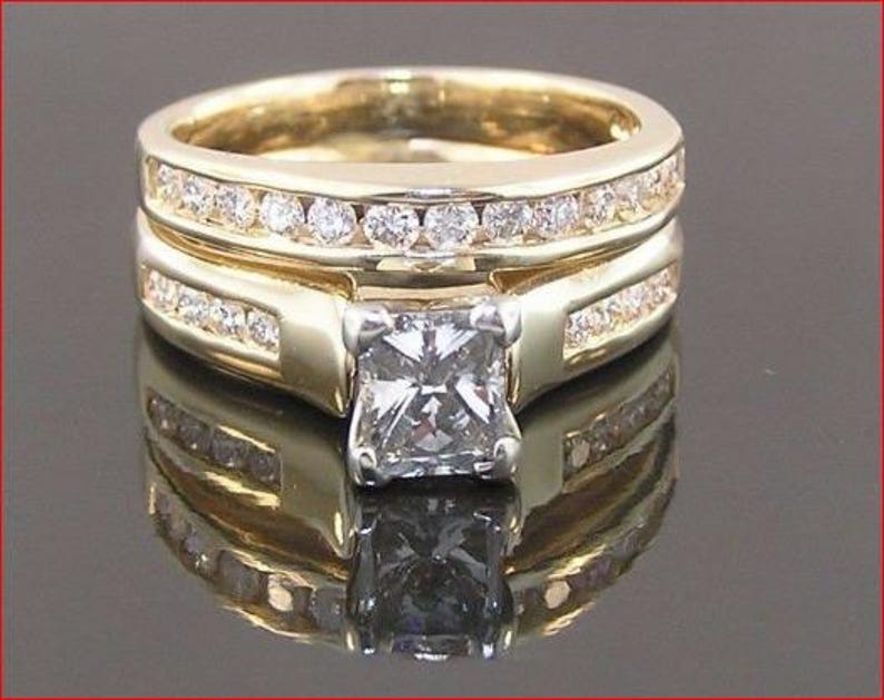 Bridal Ring Set — Princess Cut Art Deco Moissanite, Yellow Gold Finish, 925 Sterling Silver (2-Piece)
