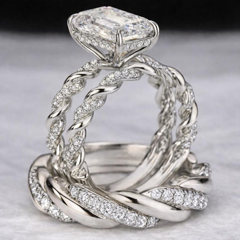 Bridal Trio Ring Set - Emerald Cut Diamond, Rose Gold Finish - view 2