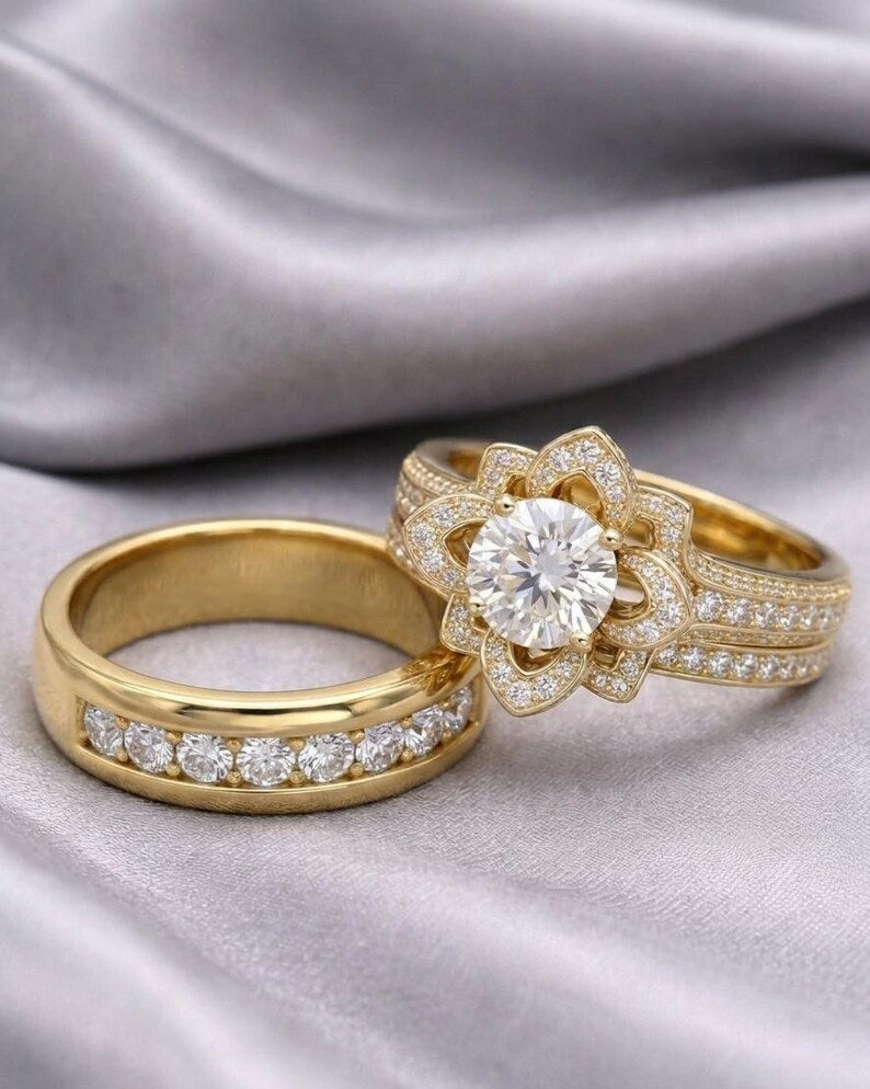 Bridal Trio Ring Set — Lotus Diamond, Yellow Gold Finish, 925 Sterling Silver (3-Piece) - view 1