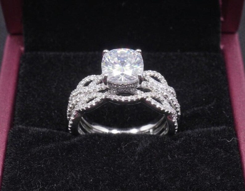 Bridal Ring Set — Cushion Cut Moissanite Infinity Swirl, Rose Gold Finish, 925 Sterling Silver (2-Piece)