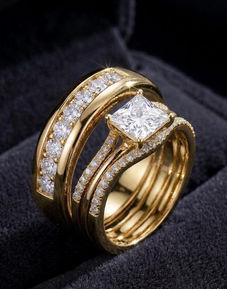 Bridal Trio Ring Set — Princess Cut Diamond, White Gold Finish, 925 Sterling Silver (3-Piece) - view 3