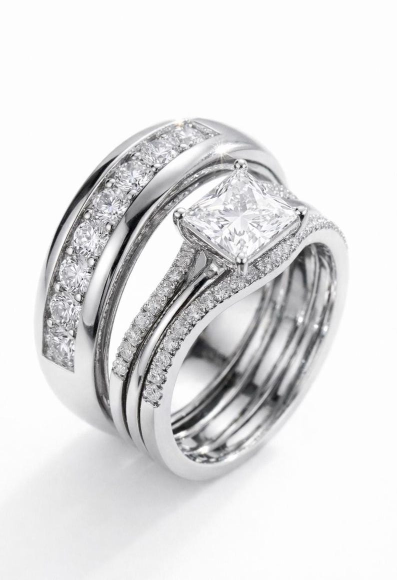 Bridal Trio Ring Set — Princess Cut Diamond, White Gold Finish, 925 Sterling Silver (3-Piece) - view 1