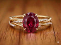 Bridal Ring Set — Oval Red Garnet Pavé, Yellow Gold Finish, 925 Sterling Silver (2-Piece)