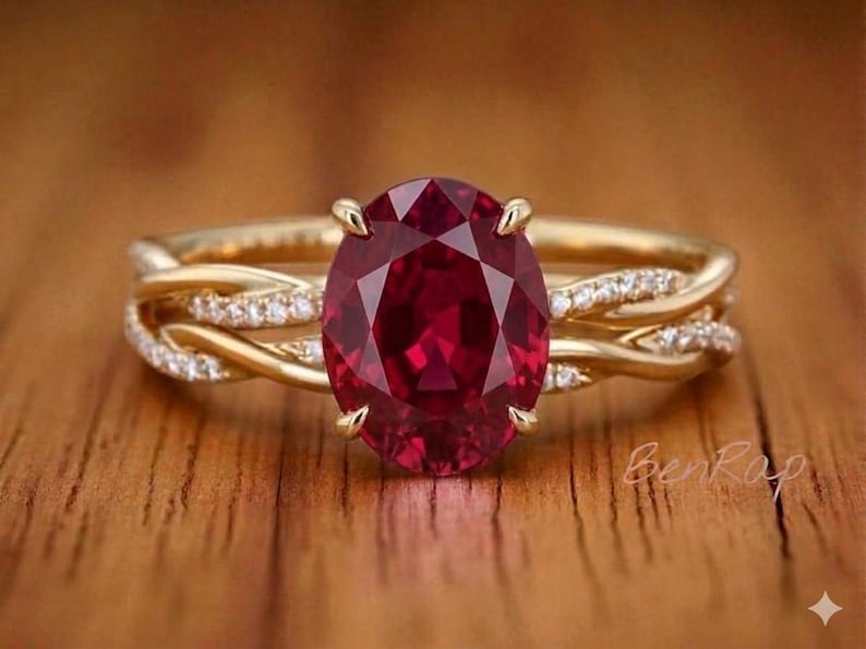 Bridal Ring Set — Oval Red Garnet Pavé, Yellow Gold Finish, 925 Sterling Silver (2-Piece)