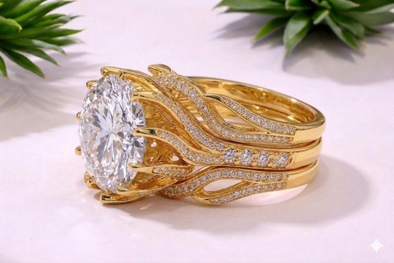 Bridal Trio Ring Set — Round Cut, Yellow Gold Finish, 925 Sterling Silver (3-Piece) - view 4