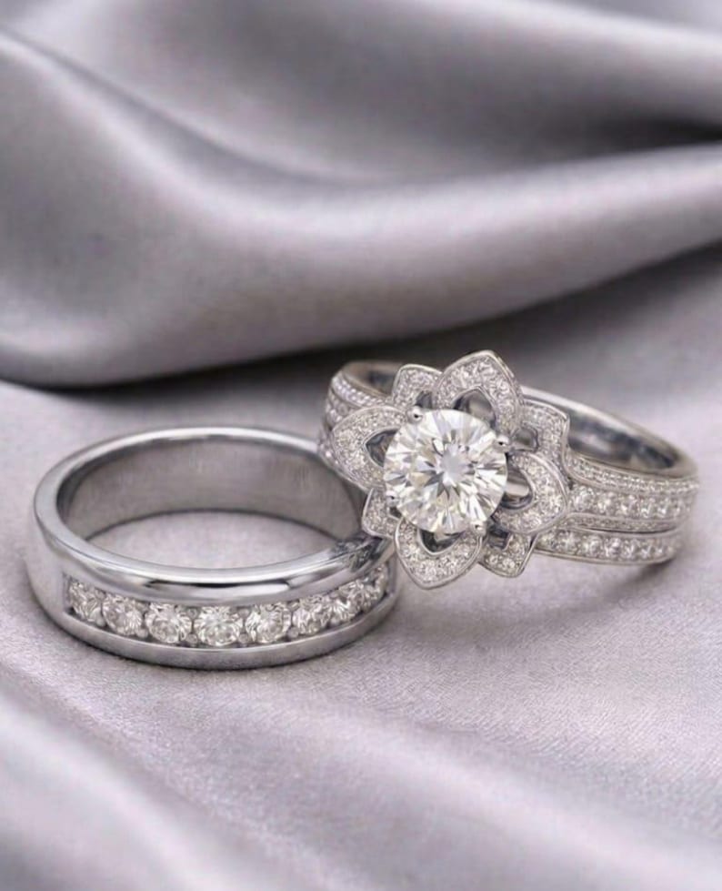 Bridal Trio Ring Set — Lotus Diamond, Yellow Gold Finish, 925 Sterling Silver (3-Piece) - view 2