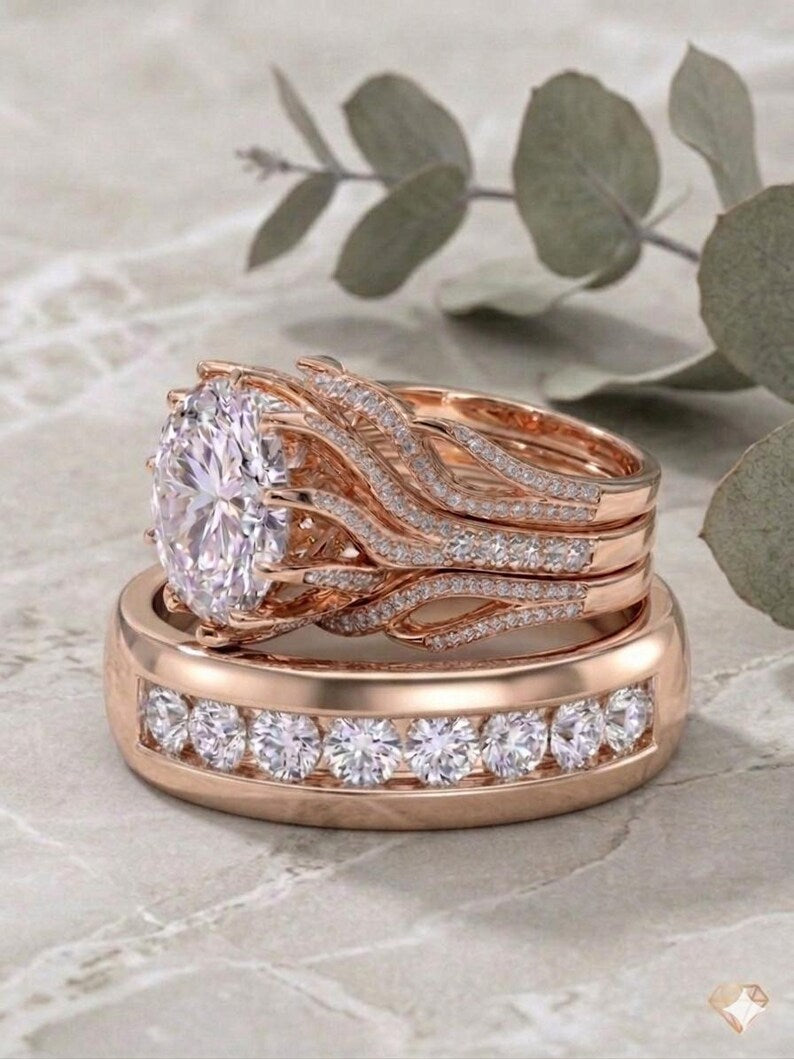 Bridal Trio Ring Set — Round Cut, Yellow Gold Finish, 925 Sterling Silver (3-Piece) - view 3