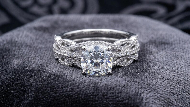 Bridal Ring Set — Cushion Cut Moissanite Infinity Swirl, Rose Gold Finish, 925 Sterling Silver (2-Piece)