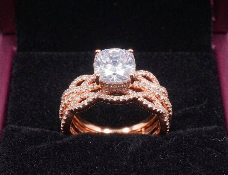 Bridal Ring Set — Cushion Cut Moissanite Infinity Swirl, Rose Gold Finish, 925 Sterling Silver (2-Piece)