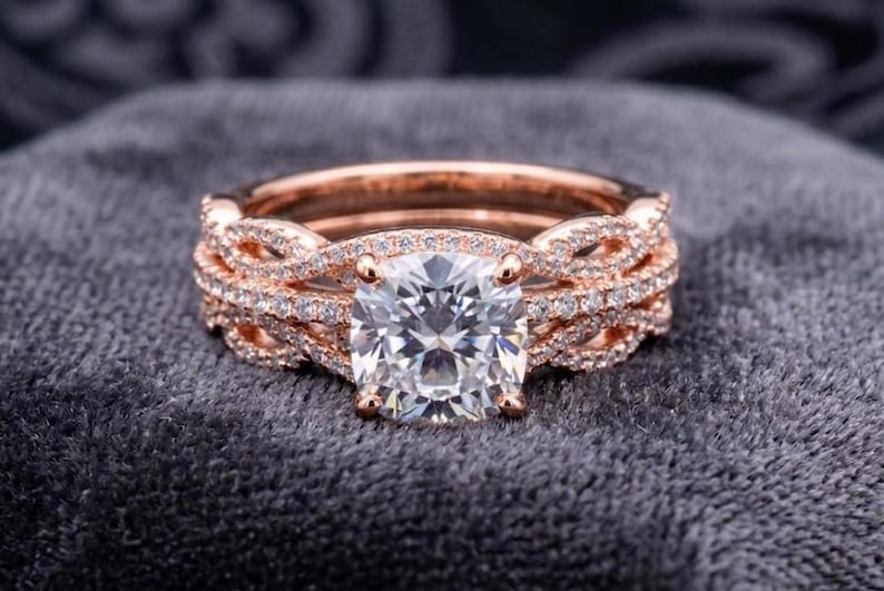 Bridal Ring Set — Cushion Cut Moissanite Infinity Swirl, Rose Gold Finish, 925 Sterling Silver (2-Piece)